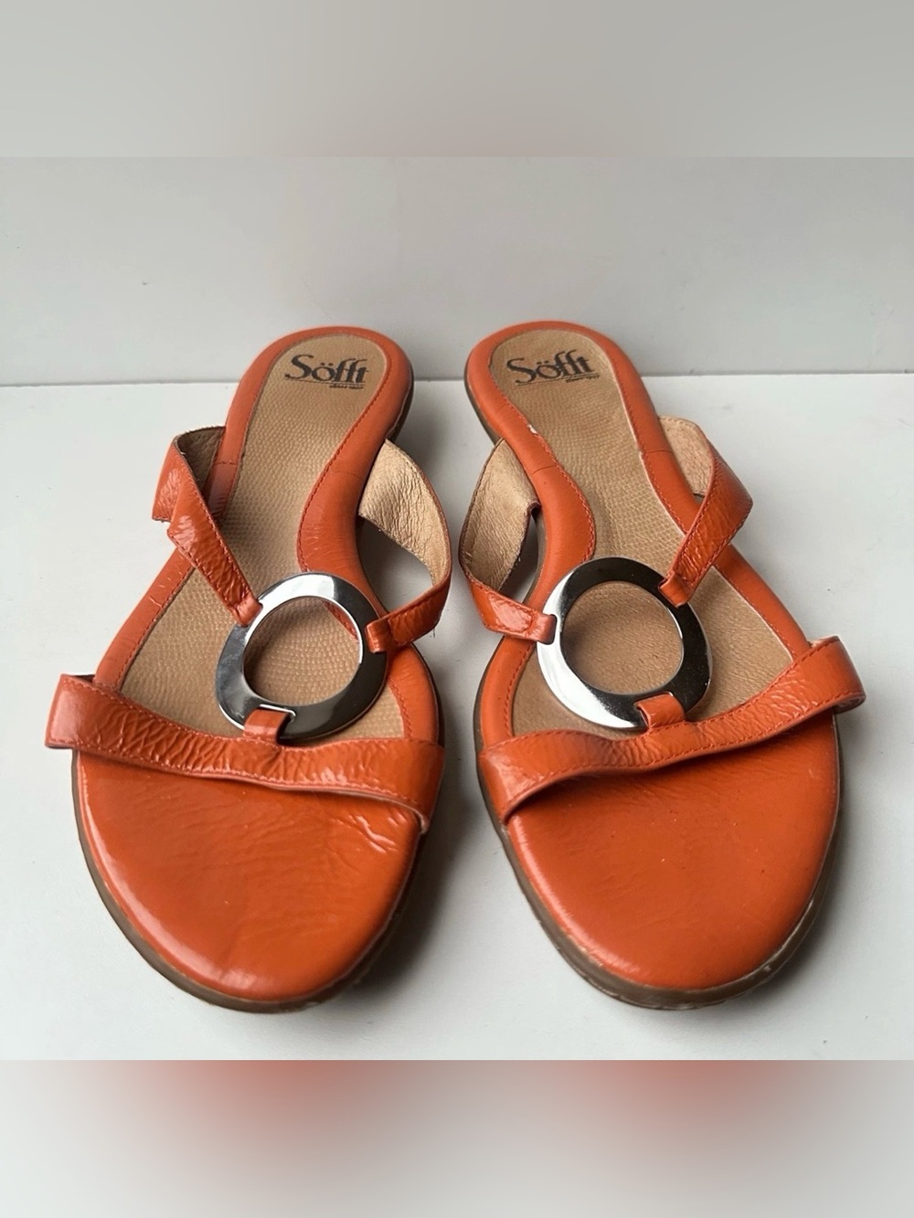Söfft Women’s Orange Leather Ring Slide Sandals Size 9M Low Wedge Comfort Shoes